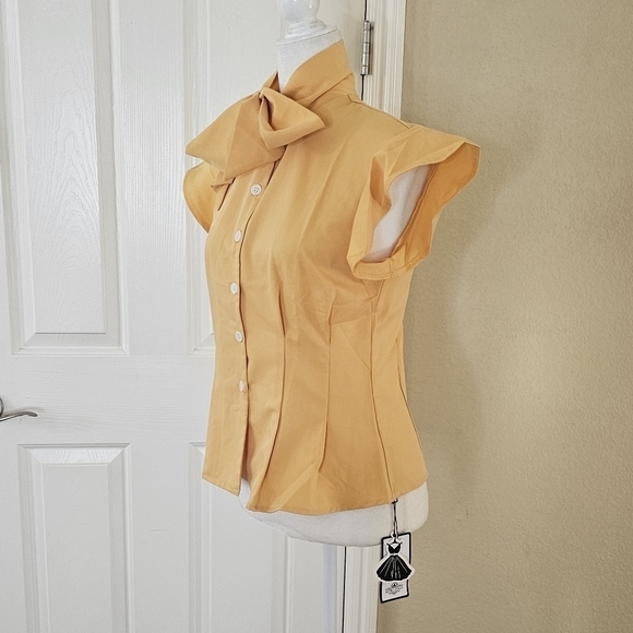 NWT Retro Stage Yellow Flutter Sleeve Princess Seam Button Down Bow Blouse Sz M - Picture 2 of 12